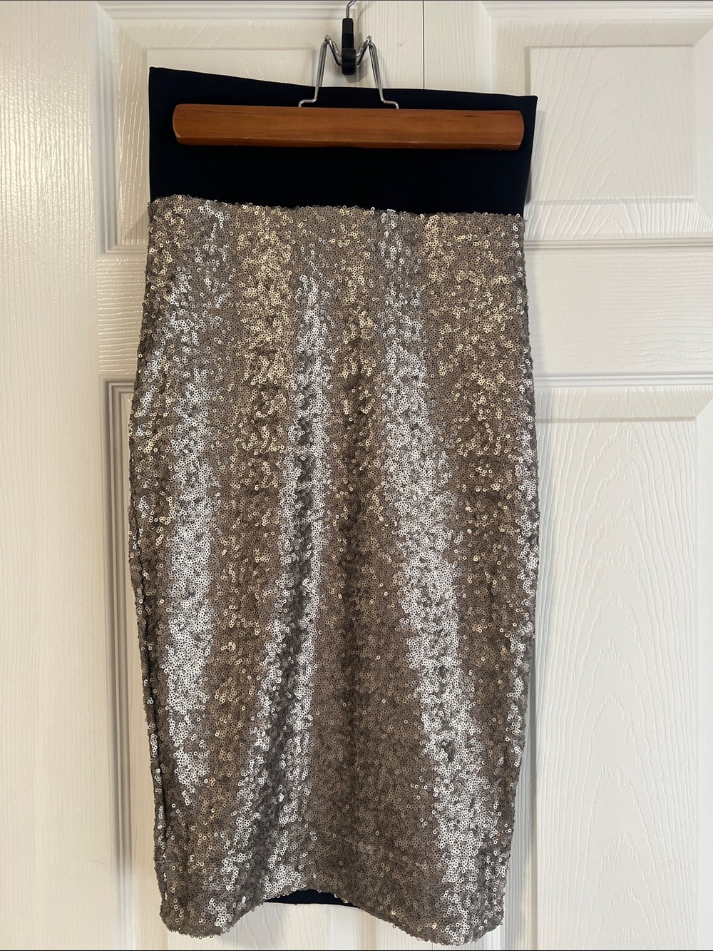 bebe Silver Sequin Pencil Skirt with Black Fold-Over Waistband